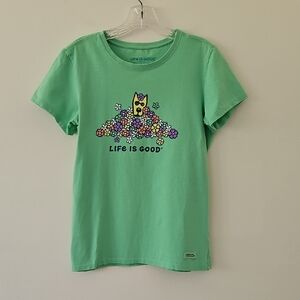 Life Is Good Dog‎ And Flowers Green Crewneck Tshirt Size Medium